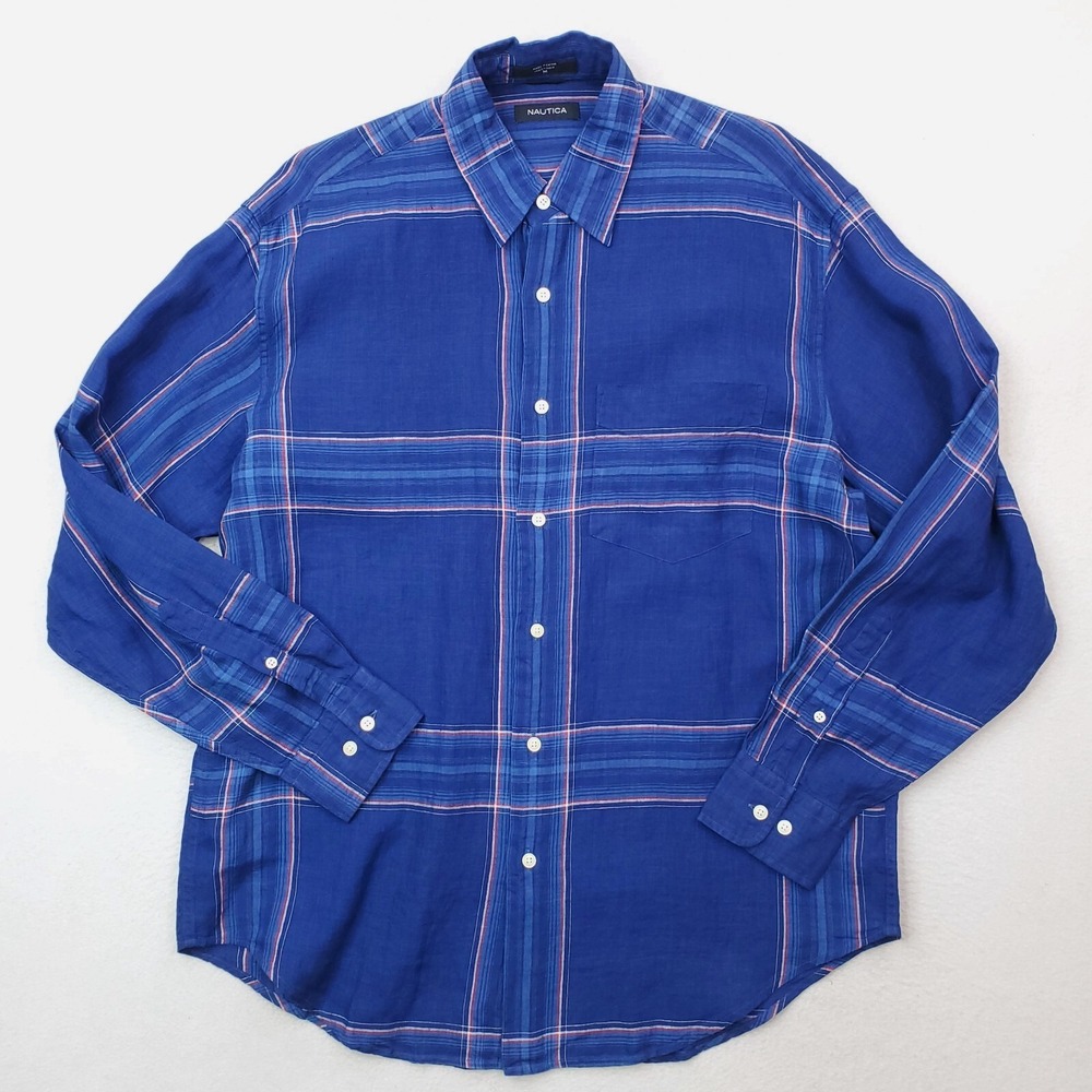 Nautica Shirt Mens Medium Blue Plaid Linen Button Up Relaxed Fit Oversized Baggy